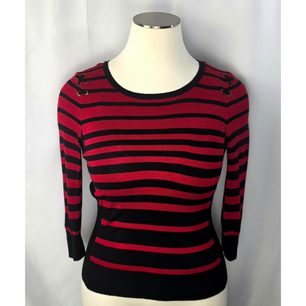 By & By Red Black Striped Lace Up Shoulder Sweater Top Large